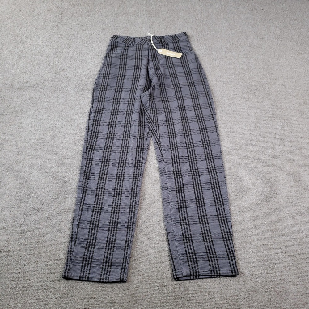 Afends. Pants Women Size 4 (24x27) Gray Shelby High Waist Wide Leg Plaid Pockets